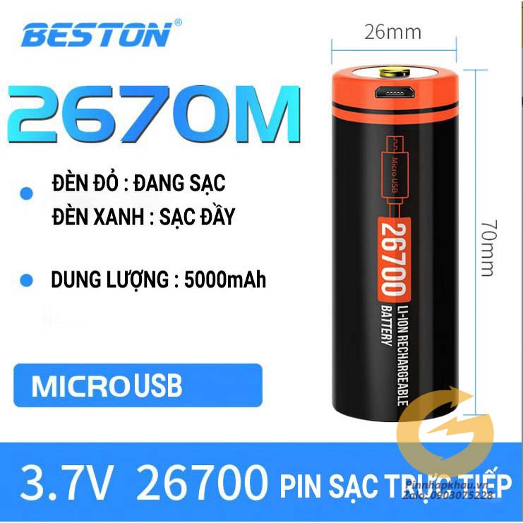 [P26700] 1 viên Pin sạc 26700 Beston 5000mah sạc trực tiếp trên thân ...