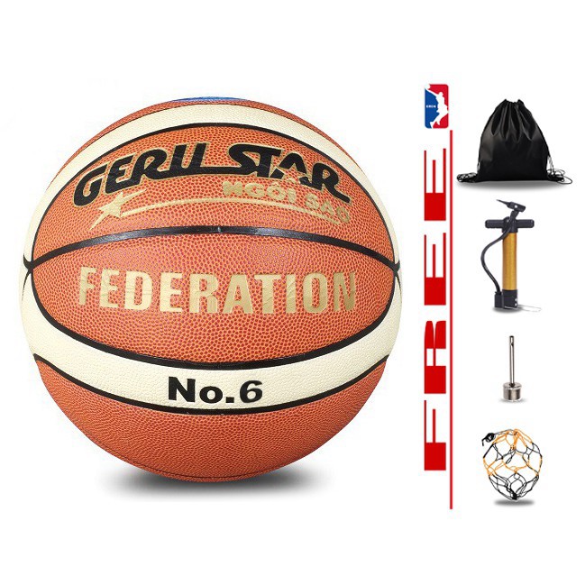 Bóng rổ da Geru Star bản Federation- Size 6 - Tặng kèm Kim bơm + Túi lưới Bóng thi đấu chính thức Liên Đoàn Bóng Rổ Việt