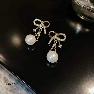 LD45 Bông Tai Nơ Dáng Dài Trân Châu LINDO, Bông Tai Thời Trang Phong Cách Hàn Quốc Thích Hợp Đi Chơi, Dự Tiệc