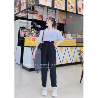 SET ÁO TRẮNG CỔ BÈO QUẦN ĐEN SUÔNG LƯNG CAO❤HÀNG SẴN SQD1209