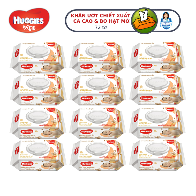 Ảnh Thùng 12 gói Khăn ướt Huggies chiết xuất Cao cao và Bơ hạt mỡ (72 miếng/gói) 4