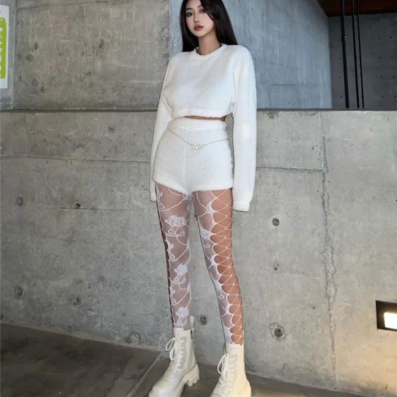 Dassbsug Nữ Nhiều Màu Sắc Fishnet Quần Hoa Hồng Cây Nho Jacquard Hình Xăm Quần Bên Rỗng Cho Băng Chéo Lưới Sto