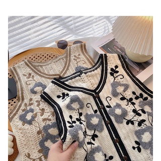 Áo Sweater Dệt Kim Sát Nách Dáng Rộng Cổ Chữ V Thêu Hoa Phong Cách Hàn Quốc Cho Nữ