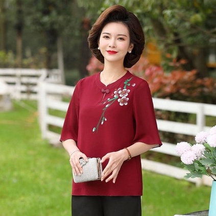 Ảnh Áo Thêu Trung Niên MAI THY 771, Mẫu Sơ Mi Nữ Form Rộng Cổ Tàu Thêu Hoa Mai Chất Voan Hàn | Thời Trang Trung Niên U50 2