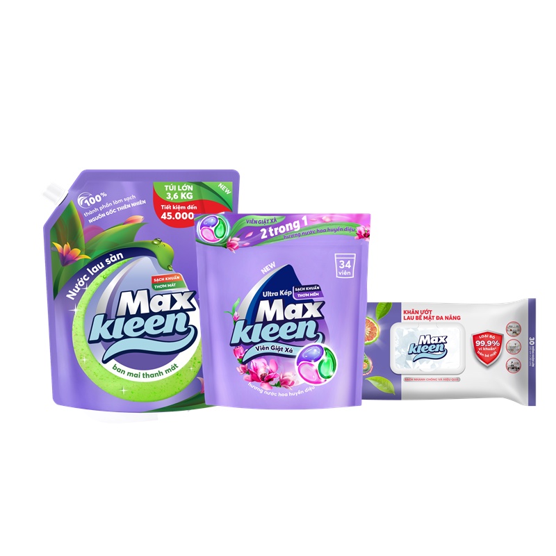 Ảnh Combo MaxKleen: Túi Lau Sàn 3.6kg Ban Mai Thanh Mát + Túi Viên Giặt Xả + Khăn Ướt Lau Bề Mặt Đa Năng 1
