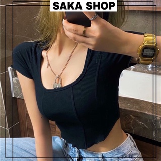 Áo thun croptop tay ngắn cổ vuông tôn dáng