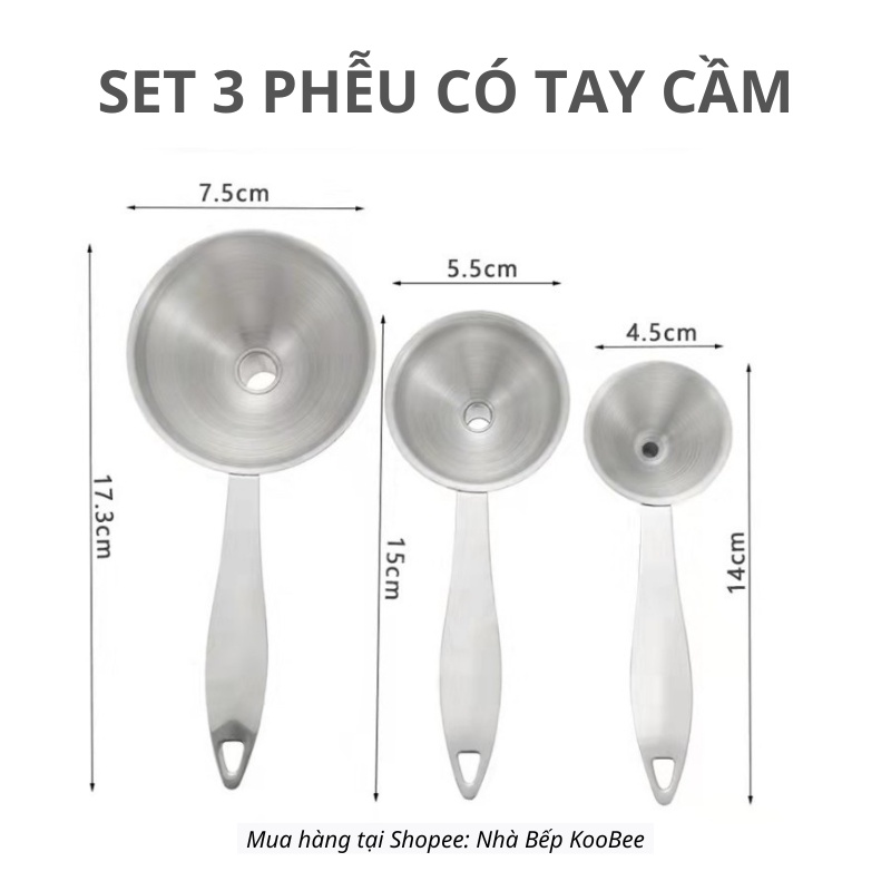 Bộ 3 Phễu Inox 304 KOOBEE – Phễu Rót Chất Lỏng, Dầu Ăn, Gia Vị, Nước Mắm, Chịu Nhiệt Không Gỉ Cao Cấp (NB65)