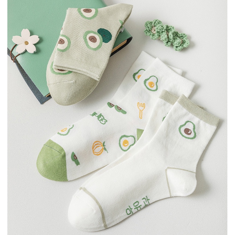 Tất vớ trắng nữ cổ cao thời trang HANASO bộ sưu tập trái bơ dễ thương chất cotton co giãn thoáng khí hợp mùa hè TD043