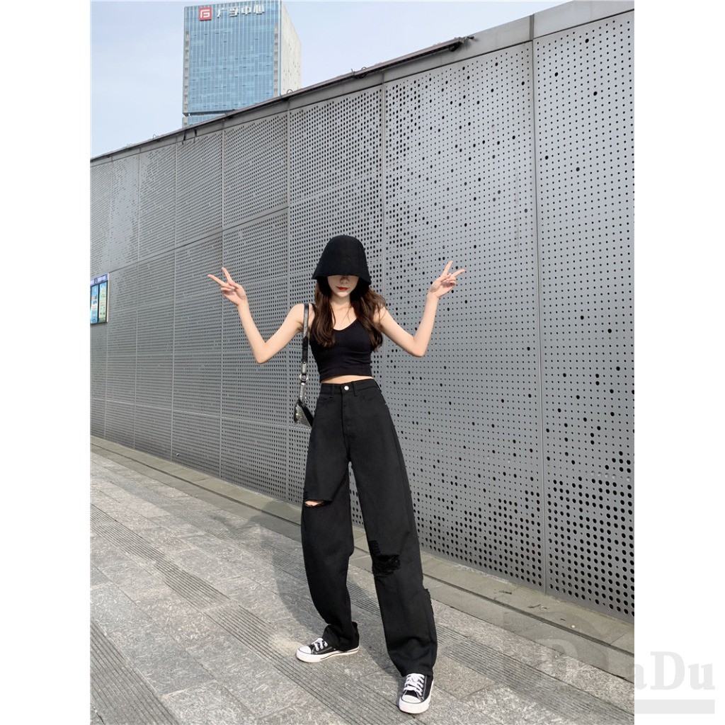 Ảnh Hot HÀNG Quần Dài Cổ Rách Cao Cấp Denim Plus Size Quần Sàn Thẳng Rời Đơn Giản Lỗ Quần 1