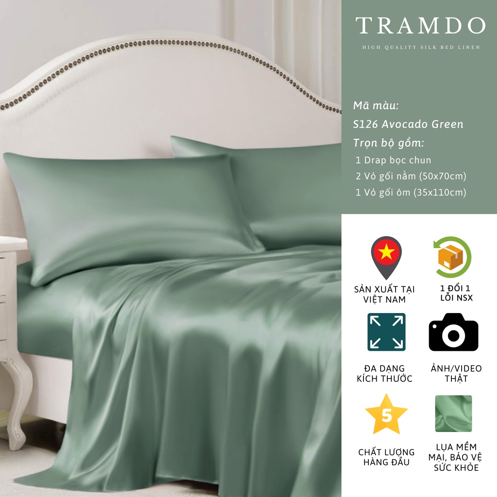Ảnh Bộ Chăn Ga Gối Lụa Cao Cấp NITE9SILK TRAMDO BEDDING Màu Xanh Quả Bơ 2