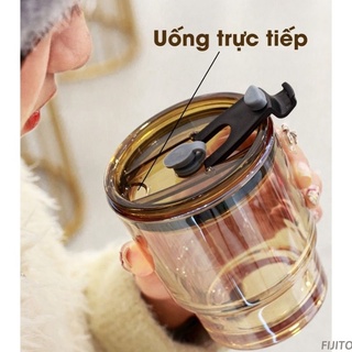 Cốc thủy tinh GorGous 450ml bọc da có nắp và ống hút - pha sữa, cafe sang chảnh chống bỏng