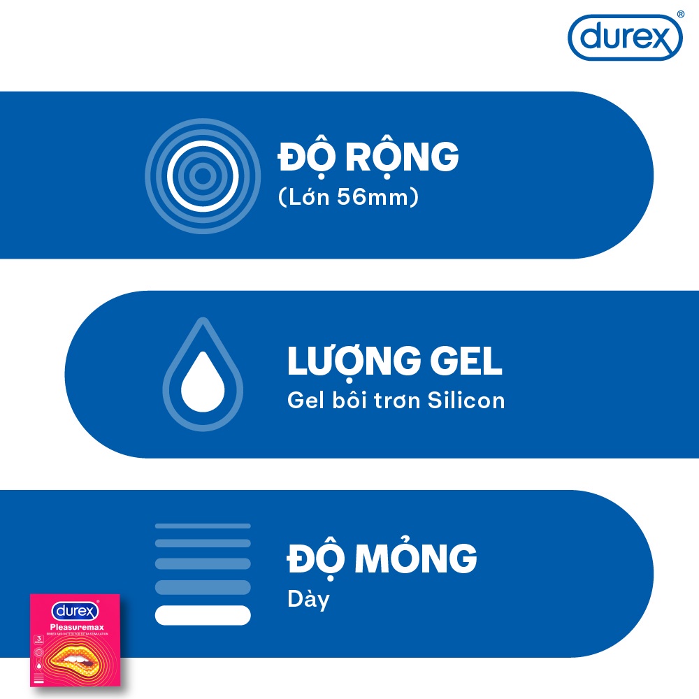 Ảnh Durex Pleasuremax gân gai tăng khoái cảm, size 56mm, hộp 3 bao 3