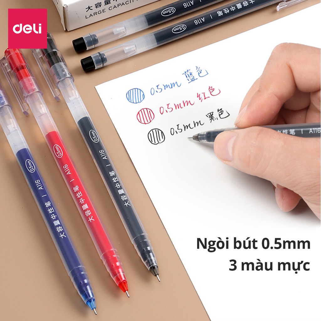 COMBO Bút gel mực nước văn phòng 0.5mm Deli ba màu xanh đen đỏ nhanh khô viết đều trơn tru lâu hết mực chất lượng A116