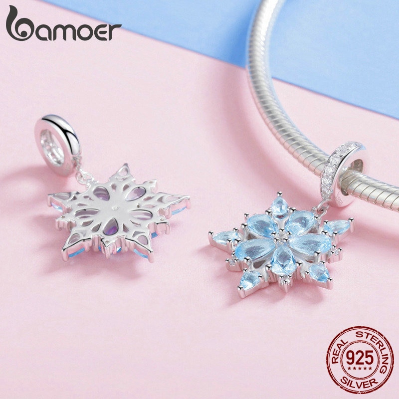 Hạt phụ kiện Bamoer SCC940 bằng bạc 925 hình bông tuyết mùa đông đính đá CZ thanh lịch