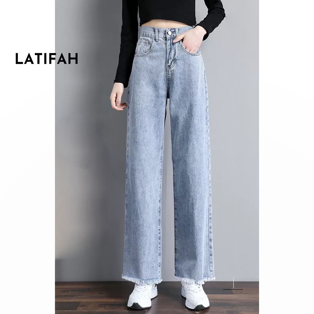[Mã BMLT35 giảm đến 35K đơn 99K] Quần baggy jeans nữ LATIFAH ống rộng đơn giản tua lai dài 101cm QD040 ulzzang hàn quốc