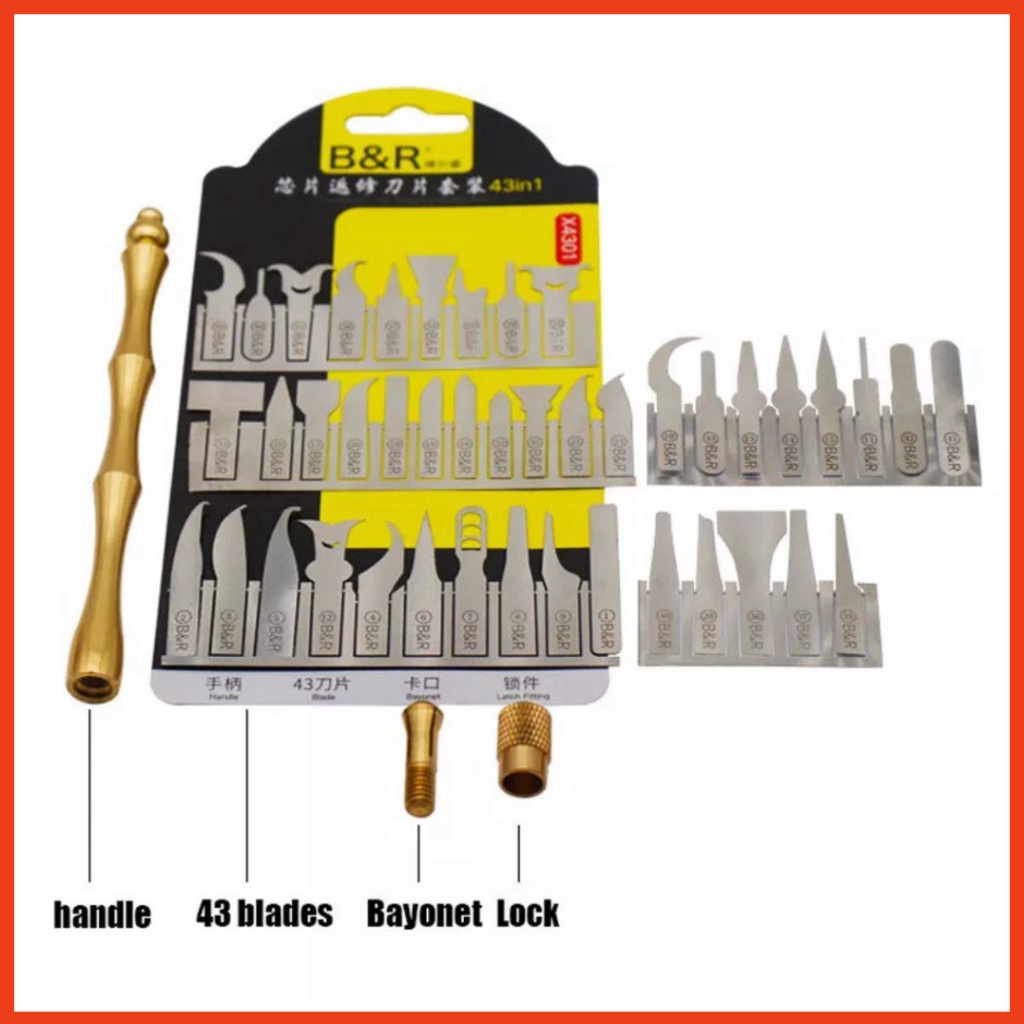 Bộ dao đục tách ic vệ sinh keo B&R X4301, gồm cán và 43 lưỡi dao