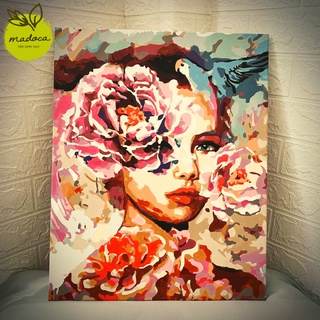Tranh tô màu số hóa Madoca có khung 40x50cm Cô Gái Hoa Mẫu Đơn T2080
