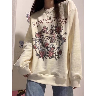 Áo nỉ cổ tròn dáng rộng tay bồng áo nỉ nam nữ in hình hoa hồng và thiên thần vintage