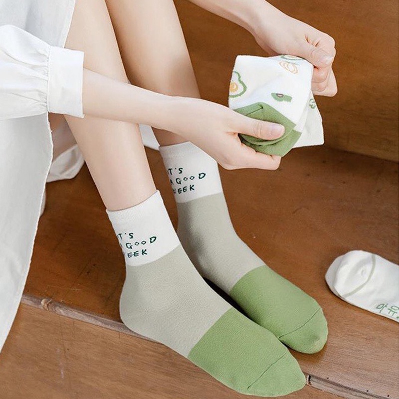 Tất vớ trắng nữ cổ cao thời trang HANASO bộ sưu tập trái bơ dễ thương chất cotton co giãn thoáng khí hợp mùa hè TD043