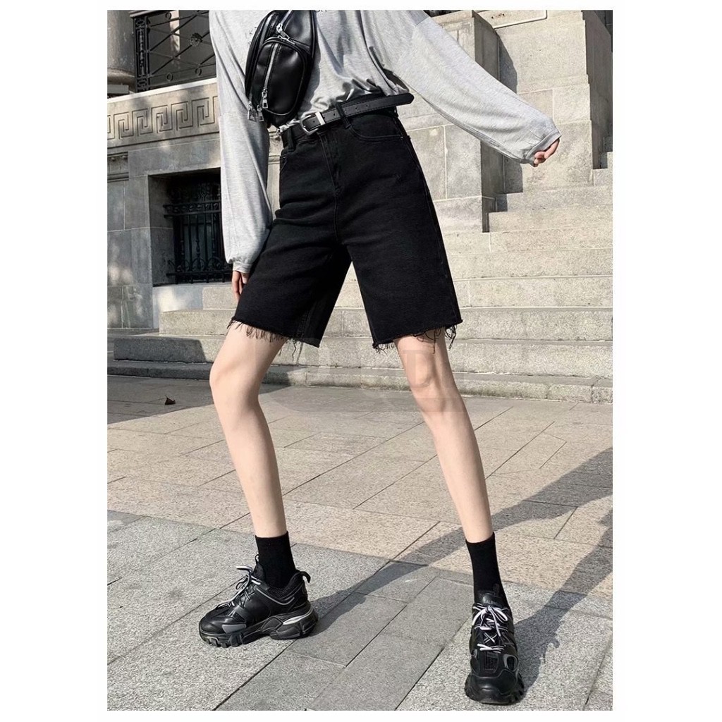 Ảnh Quần short denim daduhey màu đen dáng suông ống rộng phong cách Hàn Quốc mùa hè cho nữ (không kèm thắt lưng Pos) 3