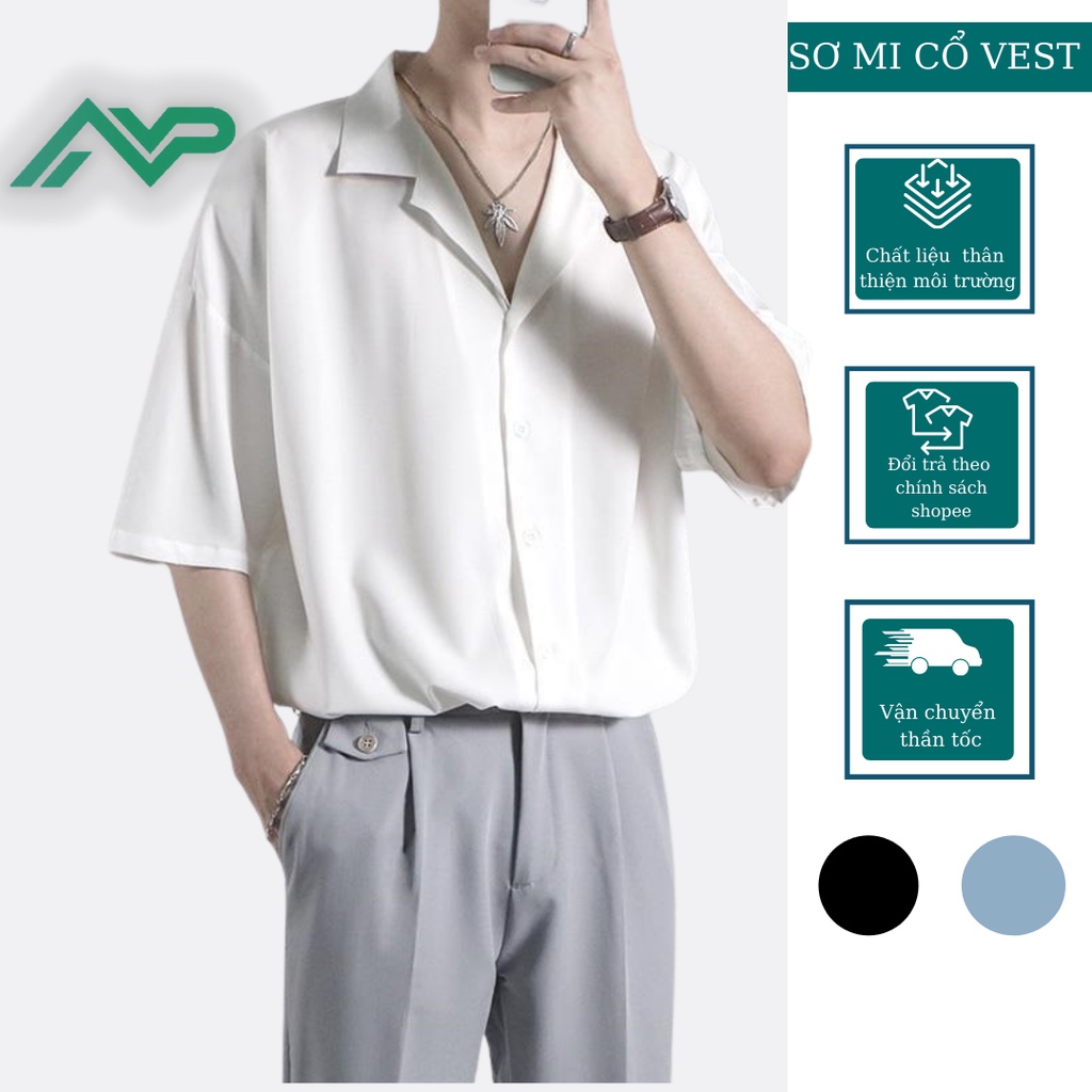 Áo Sơ Mi Ngắn Tay Nam Nữ Cổ Vest NPV Trắng, Đen, Nâu - Kiểu sơ mi tay ngắn form rộng Cổ Vest