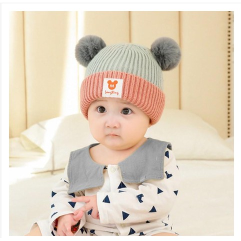 Mũ Mickey 2 Quả Bông - Mũ Len Kèm Khăn Quàng Cổ Cho Bé Từ 6 Tháng - 3 Tuổi (sỉ hot)