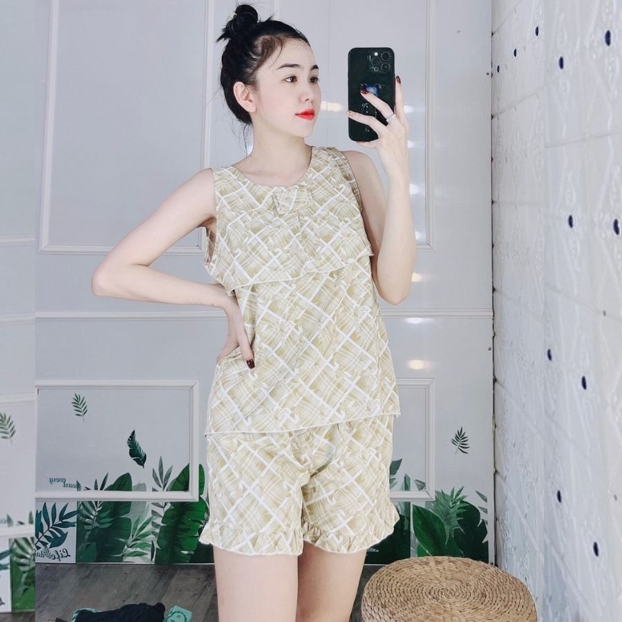 Đồ bộ pijama nữ 100D bộ ngủ mặc nhà 2 dây pyjama lụa tay bèo sexy quần đùi cute dễ thương cao cấp  ESHOP PM03