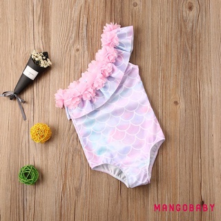 Bộ đồ tắm một mảnh MG-Baby Girls, Đồ bơi in vảy cá không tay, Đồ bơi đường viền cổ hoa xếp nếp