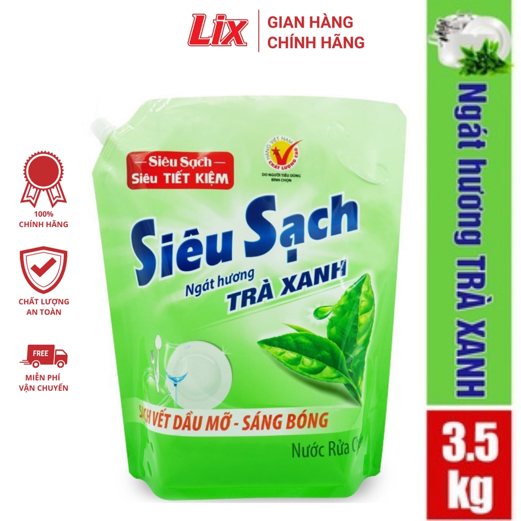 Nước rửa chén LIX 3.5KG siêu sạch hương trà xanh loại túi N8101 làm sạch vết bẩn dầu mỡ không hại da tay
