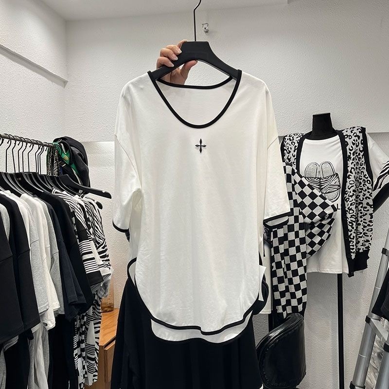 Milyfashion Tay Ngắn T Arc Hem Rời Thời Trang Đơn Giản Kích Thước Lớn Phù Hợp Với Màu Sắc Tương Phản In Chữ Thập