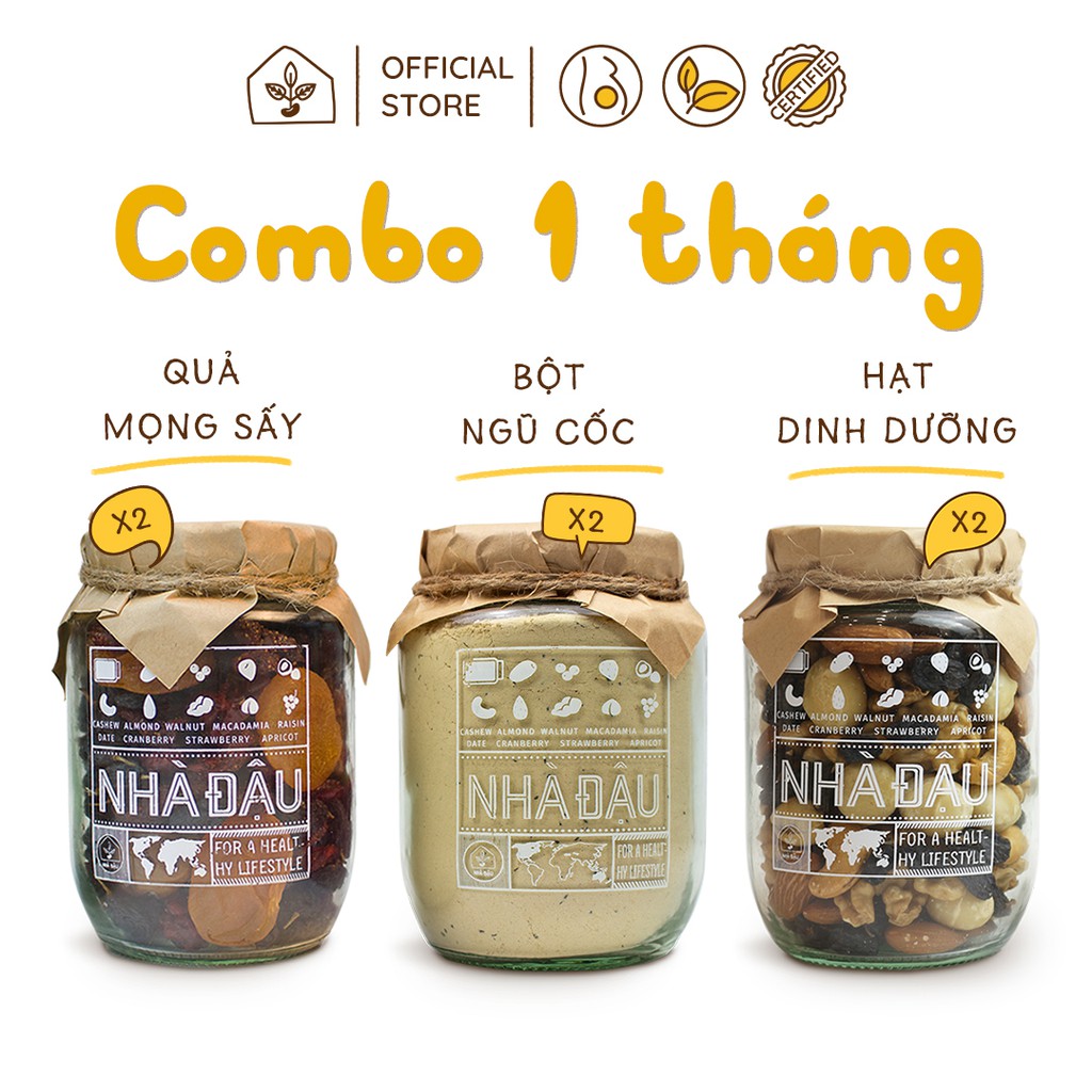 Combo Dinh Dưỡng 1 Tháng - Ăn Vặt Bà Bầu: Mixnuts 5 Siêu Hạt, Bột Ngũ Cốc, Mixfruits Trái Cây Sấy Dẻo | Nhà Đậu | 98