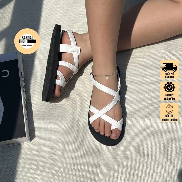Giày sandal quai chéo xỏ ngón a101, sandal nữ đi học, đi chơi trắng/be/nau sandal thời trang full size 30-44 nam nữ