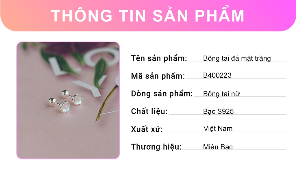 Mô tả Bông tai bạc nữ Miêu Bạc khuyên tai đính đá mặt trăng 1 chiếc moonstone chốt vặn chất liệu bạc S925 MB37 - 2