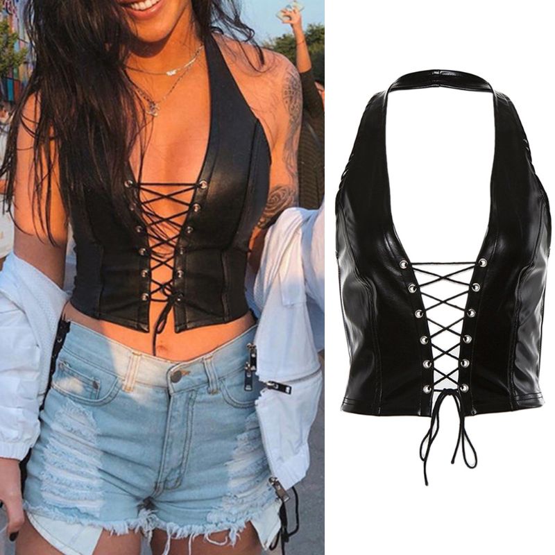 Vic Nữ Punk Không Tay Crop Top Dây Cổ Chữ V Lưng Rỗng Vest Sáng Bóng Giả Da Crisscross Ren-Up Một Phần