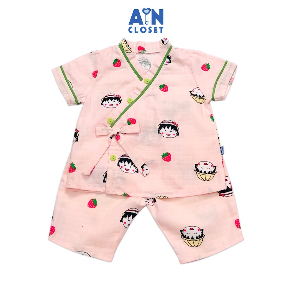 Bộ quần áo lửng bé gái họa tiết Nhóc Maruko viền xanh hồng cam xô sợi tre - AICDBGFSXQAT - AIN Closet