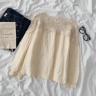 Phong Cách Hàn Quốc Nữ Nữ Rời Cotton Ren Móc Áo Sơ Mi Dài Tay