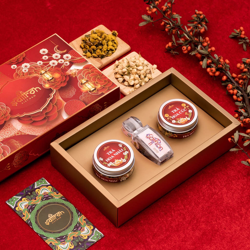 Vỏ hộp quà tết Saffron Việt Nam hình hoa mai kèm túi đựng