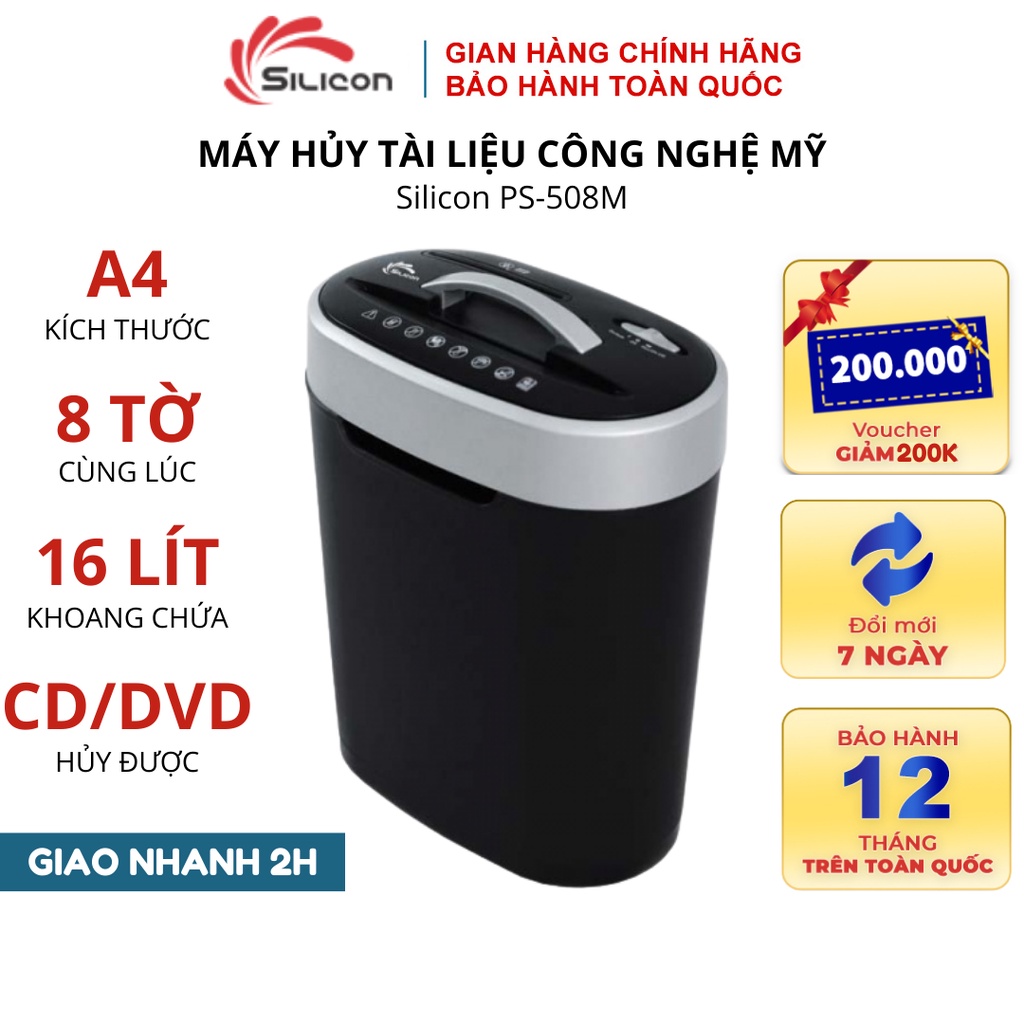 Máy Hủy Tài Liệu Cao Cấp Silicon PS-508M, hủy giấy A4, tích hợp hủy đinh kẹp, cards, đĩa CD/DVD, bảo mật giấy tờ