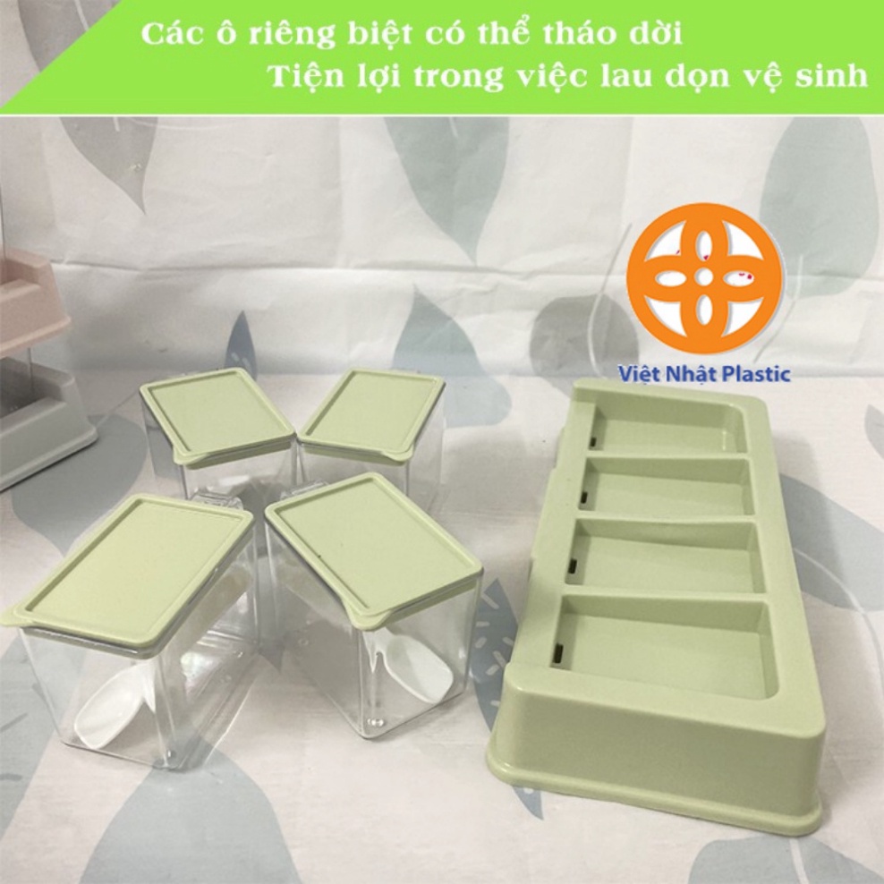 set 4 hũ đựng gia vị nhựa cao cấp, hũ gia vị nhựa có nắp kèm muỗng 2939