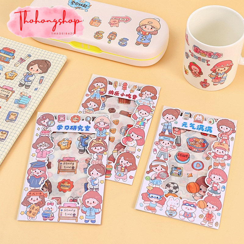 Bộ 4 tấm sticker hoạt hình cô gái và hoạt động hàng ngày cute | Shopee ...