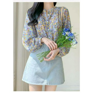 Áo Sơ Mi Voan Hoa Tay Dài Dáng Rộng Phong Cách Hàn Quốc baju baju wanita Lenjang panjang