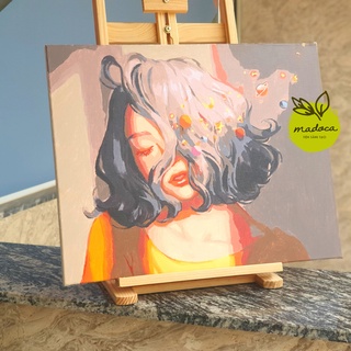 Tranh tô màu theo số hóa Madoca có khung 40x50cm Cô Gái tóc ngắn mộng mơ T581