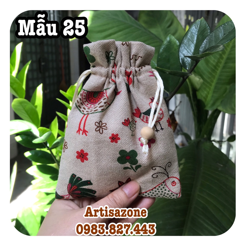 Túi vải dây rút họa tiết mini, kích thước: 15cmx12cm (Vải canvas) - 01 ...