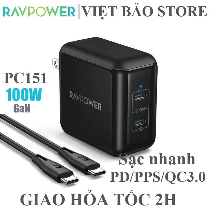 RAVPower PD Pioneer deals RP-PC151 100W Dual-Port USB-C Wall Charger - Black - 2-Port