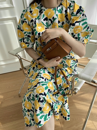Đầm maxi Dài Dáng Rộng Tay Phồng Cổ Tròn In Họa Tiết Hoa Phong Cách Hàn Quốc Thời Trang Mùa Hè Cho Nữ Mới