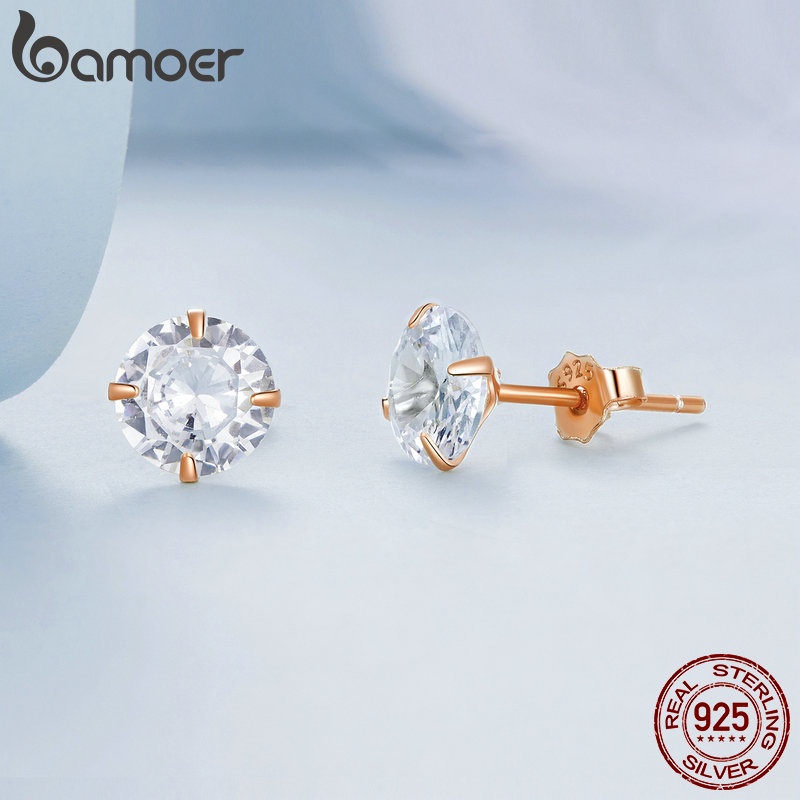 BAMOER 1 Đôi Bông Tai bạc 925 Đính Đá zircon Đơn Giản Thời Trang