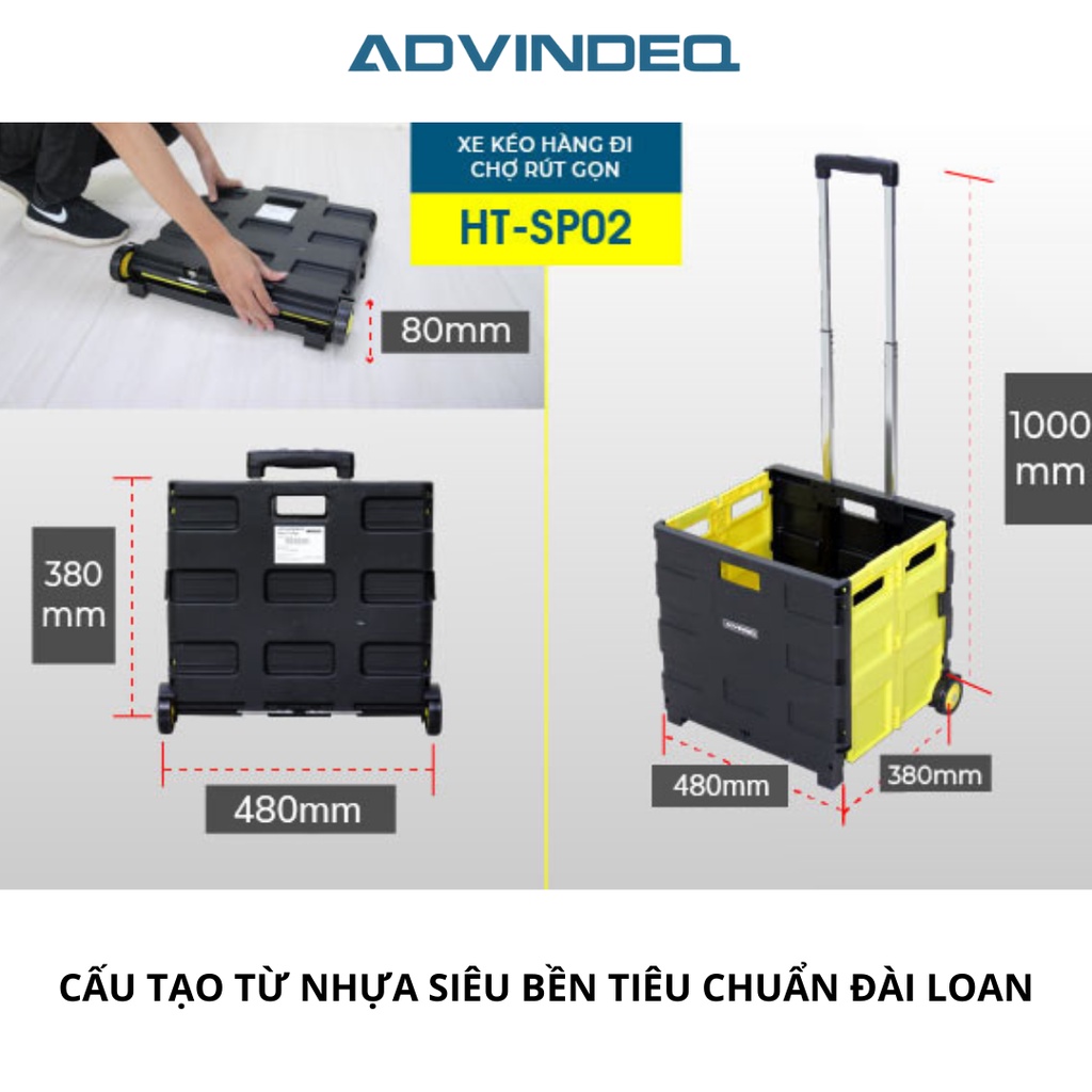 Xe kéo đi chợ gấp gọn 2 bánh đa năng ADVINDEQ HT-SP02, tải trọng 35kg, công nghệ cao cấp, bảo hành 12 tháng
