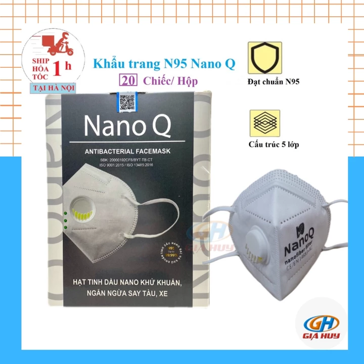 Hộp 20 chiếc khẩu trang Nano Q 5 lớp N95 có màng lọc Nano an toàn, ngăn bụi mịn, ôm khít mặt có van thở