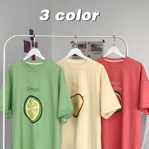 Áo thun unisex nữ tay lỡ form rộng họa tiết trái cây freesize màu đỏ xanh lá vàng nhạt - trái cây