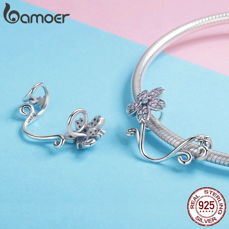 Phụ kiện BAMOER SCC1033 bạc 925 hình hoa anh đào dùng làm vòng đeo tay DIY